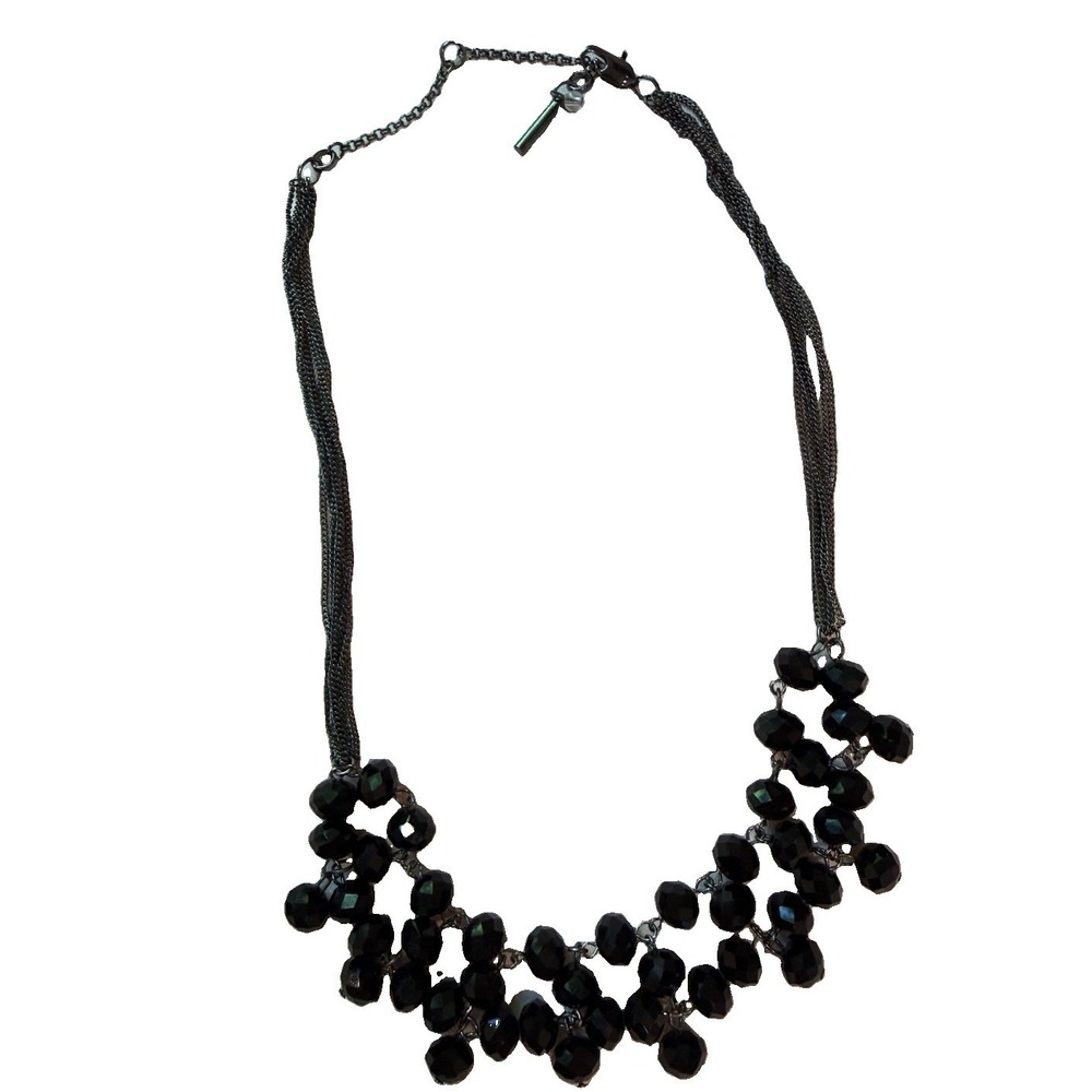 Vintage Black Faceted Glass Bead Cluster Statement Necklace Gunmetal Chain
